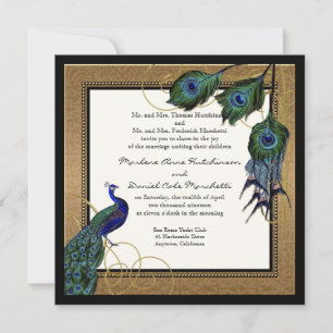 Vintage Peacock Feather Black Gold Elegant Wedding Invitation