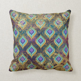 Vintage Peacock Feather Gold Foil Scrollwork IKAT Cushion