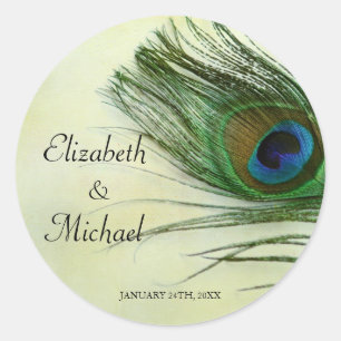 Vintage Peacock Feather Round Wedding Favour Label