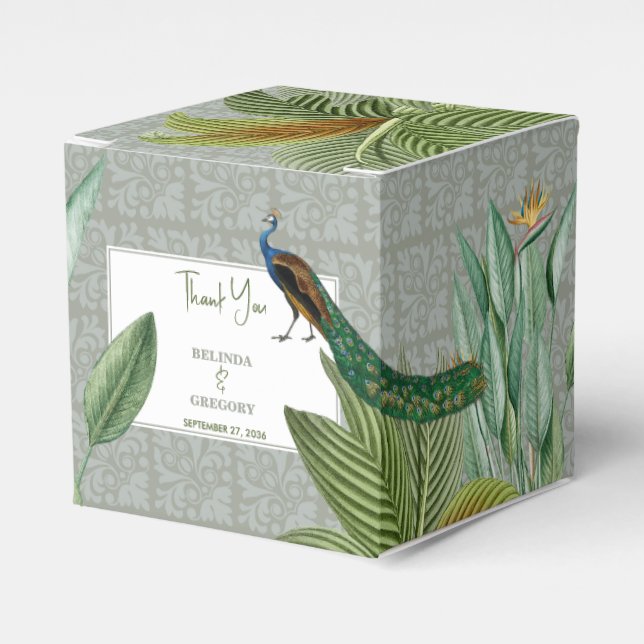 Vintage Peacock Feather Tropical Greenery Wedding  Favour Box (Front Side)