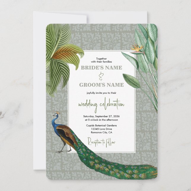 Vintage Peacock Feather Tropical Greenery Wedding  Invitation (Front)