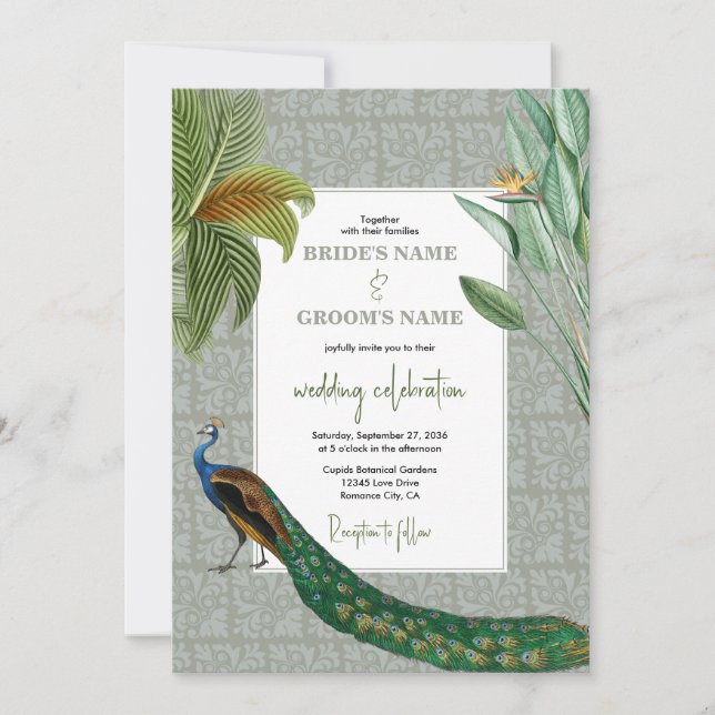 Vintage Peacock Feather Tropical Greenery Wedding Invitation (Front)
