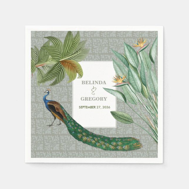 Vintage Peacock Feather Tropical Greenery Wedding  Napkin (Front)