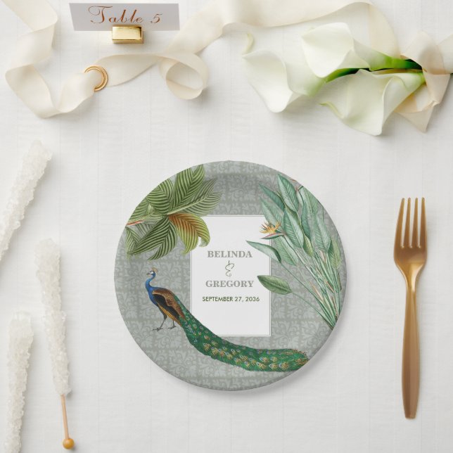 Vintage Peacock Feather Tropical Greenery Wedding Paper Plate (Wedding)