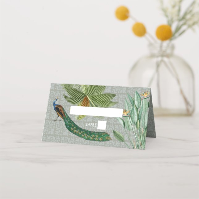 Vintage Peacock Feather Tropical Greenery Wedding Place Card (Front)