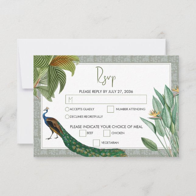 Vintage Peacock Feather Tropical Greenery Wedding  RSVP Card (Front)