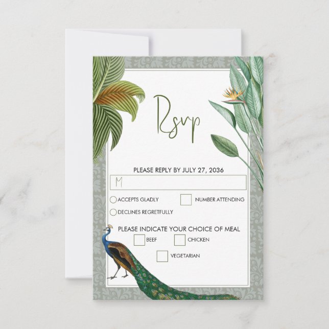 Vintage Peacock Feather Tropical Greenery Wedding  RSVP Card (Front)