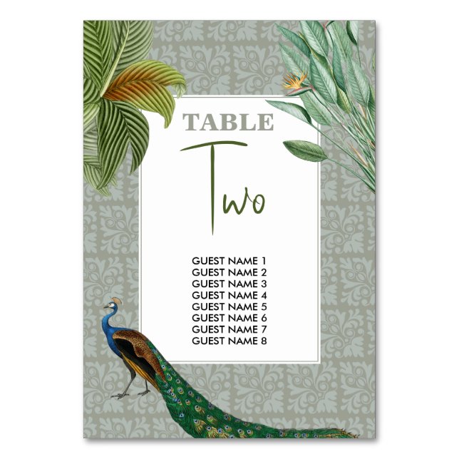 Vintage Peacock Feather Tropical Greenery Wedding  Table Number (Front)