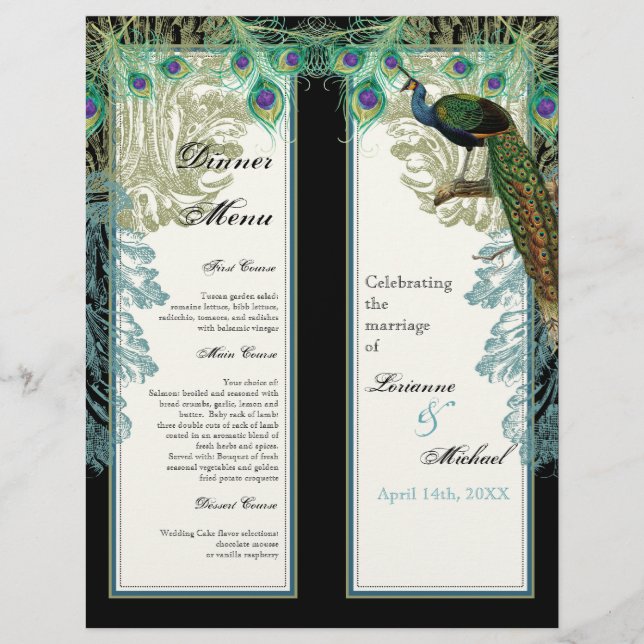 Vintage Peacock, Feathers, 2 up, Dinner Menu Sheet (Front)