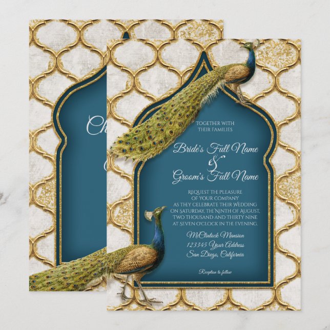 Vintage Peacock Feathers Arabesque Gold Wedding Invitation (Front/Back)