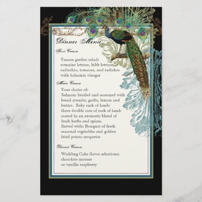 Vintage Peacock, Feathers, Dinner Menu Sheet (Front)