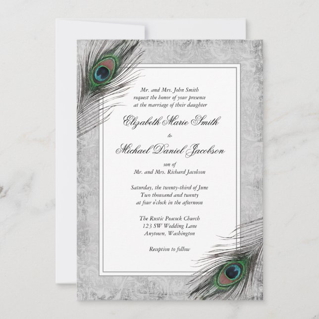 Vintage Peacock Feathers Grey Wedding Invitations (Front)