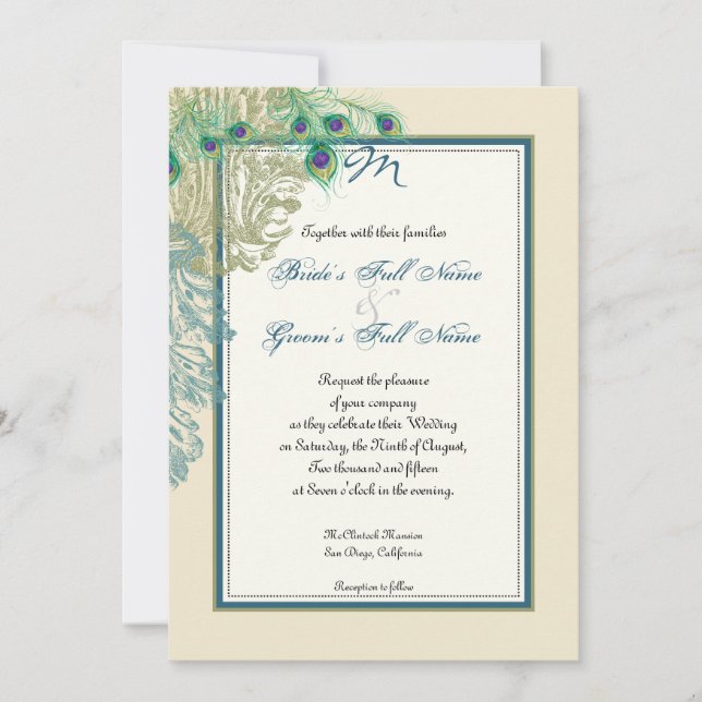 Vintage Peacock, Feathers n Etchings - Invitation (Front)
