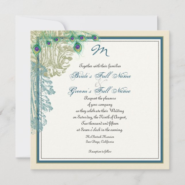 Vintage Peacock, Feathers n Etchings - Invitation (Front)