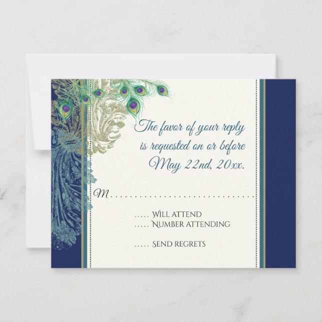 Vintage Peacock Feathers Navy Blue RSVP response (Front)