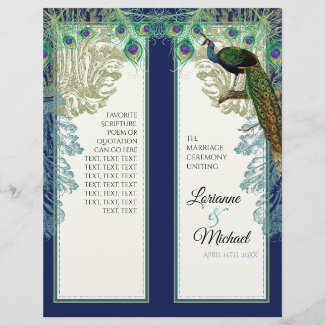 Vintage Peacock Feathers Navy Blue Wedding Program (Front)