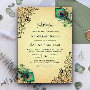 Vintage Peacock Feathers QR Code Muslim Wedding Invitation