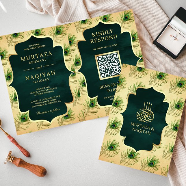 Vintage Peacock Feathers QR Code Muslim Wedding Invitation (Creator Uploaded)