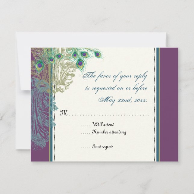 Vintage Peacock, Feathers  RSVP response card (Front)