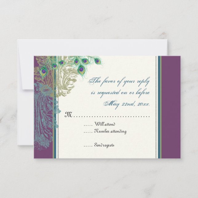 Vintage Peacock, Feathers  RSVP response card (Front)