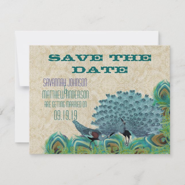 Vintage Peacock Feathers Save the Date Invitation (Front)