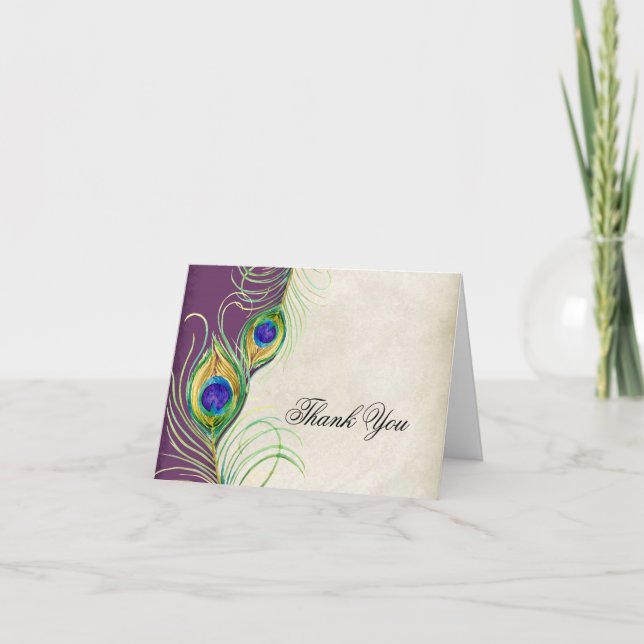 Vintage Peacock Feathers Wedding Thank You Notes (Front)