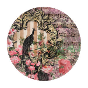 Vintage peacock floral musical note pink and gold cutting board