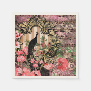 Vintage peacock floral musical note pink and gold napkin
