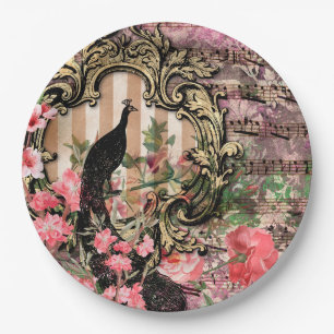 Vintage peacock floral musical note pink and gold paper plate