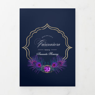 Vintage Peacock Floral Quinceañera Photo Tri-Fold Invitation