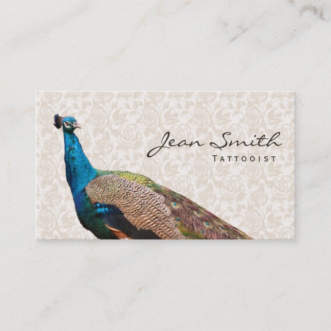 Vintage Peacock Floral Tattoo Art Business Card (Front)