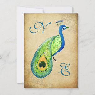 Vintage Peacock Flourish Wedding Monogram Invite