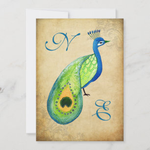Vintage Peacock Flourish Wedding Monogram Invite