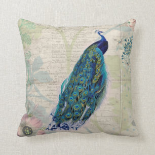 Vintage Peacock, Flowers and Butterfly Cushion