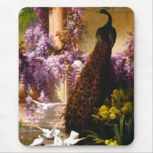 Vintage Peacock Garden Artwork   Romantic Wisteria Mouse Mat