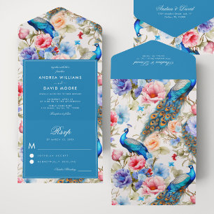 Vintage Peacock Garden Blue Antique Floral Wedding All In One Invitation