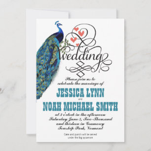 Vintage Peacock Hearts Teal and Coral Invitation