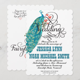 Vintage Peacock Hearts Teal and Coral Invitation