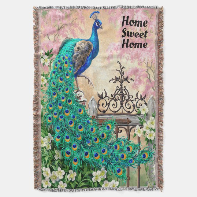 Vintage Peacock Home Sweet Home Throw Blanket (Front Vertical)