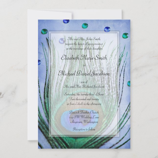 Vintage Peacock Jewels Blue Wedding Invitation (Front)