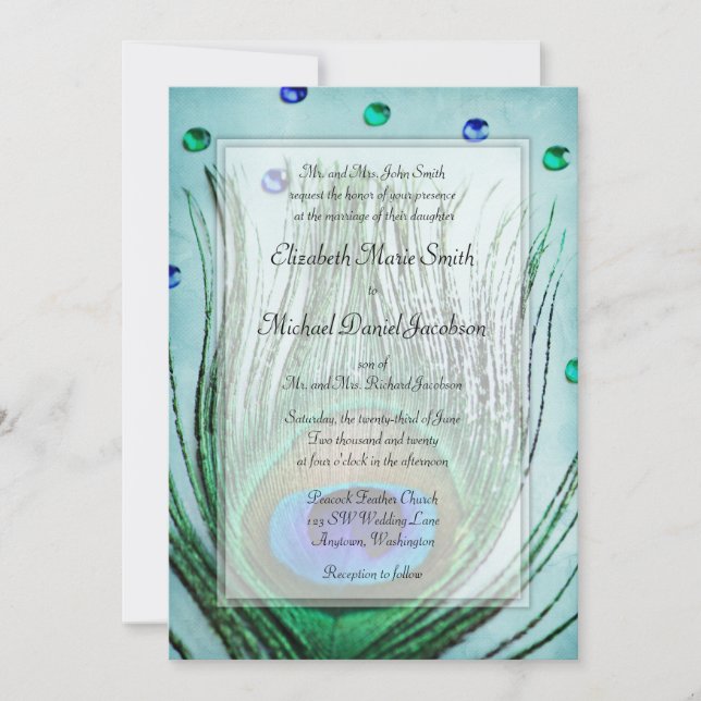 Vintage Peacock Jewels Teal Blue Wedding Invitation (Front)