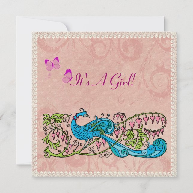 Vintage Peacock Lacy Pink Baby Shower Invitation (Front)