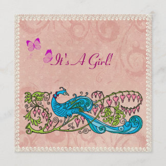 Vintage Peacock Lacy Pink Baby Shower Invitation