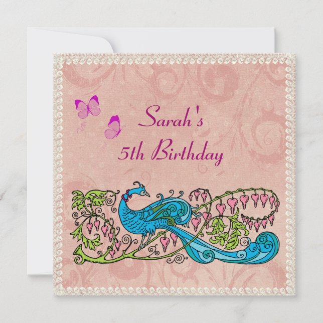 Vintage Peacock Lacy Pink Birthday Invitation (Front)