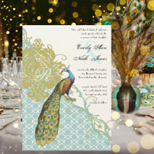 Vintage Peacock Lagoon Endive Damask Wedding Invitation