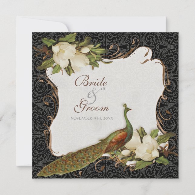 Vintage Peacock & Magnolia Swirls Wedding Invite (Front)