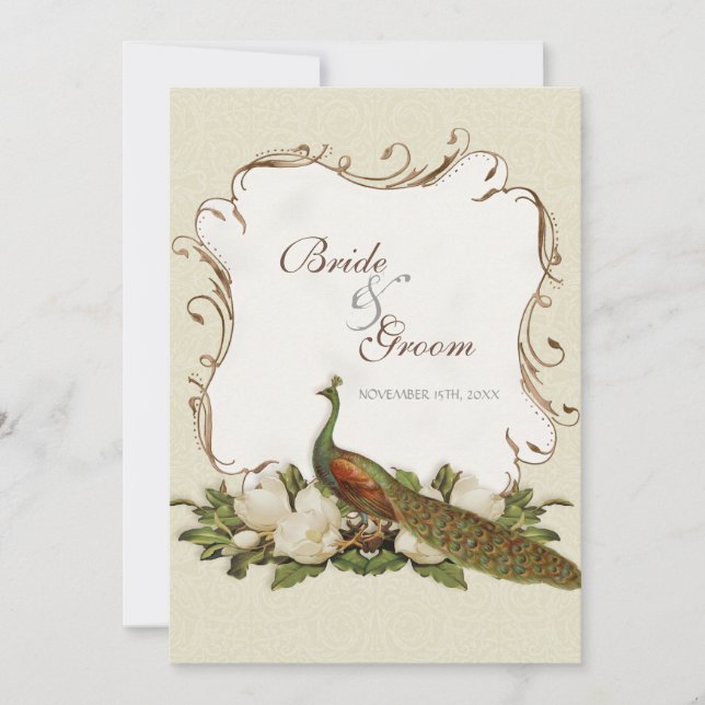 Vintage Peacock & Magnolia Swirls Wedding Invite (Front)
