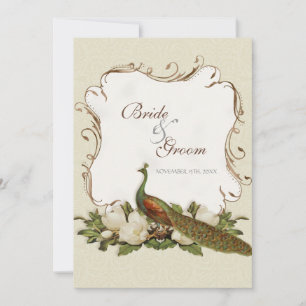 Vintage Peacock & Magnolia Swirls Wedding Invite