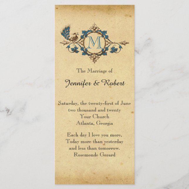 Vintage Peacock Monogram Wedding Program Programme (Front)