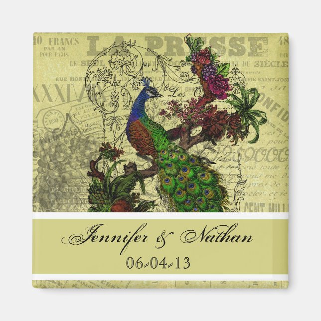 Vintage Peacock Names and Date Magnet (Front)